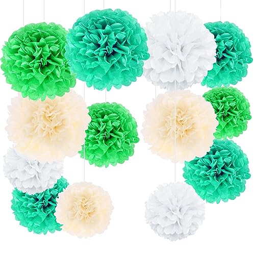 Pompoms Deko 20 Stück, Seidenpapier Pompons für Hochzeitsparty, Party Hochzeit Deko Gruen Beige Weiß Seidenpapier Pompoms, Kommunion Dekoration für Geburtstag, Hochzeit, Valentinstag von XLZJYIJ