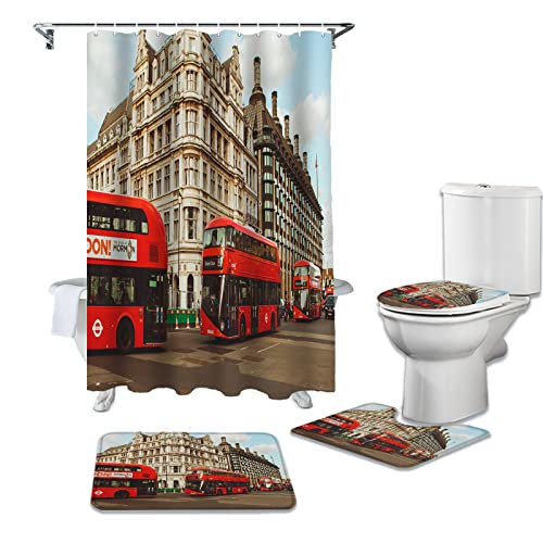 Duschvorhang 3D-Druck,London Red Bus Gebäude Haus Badezimmer Duschvorhang Badematte Teppich Teppiche Set Toilettendeckel Abdeckung Fußmatten Badezimmerzubehör von XLZZTMINGY