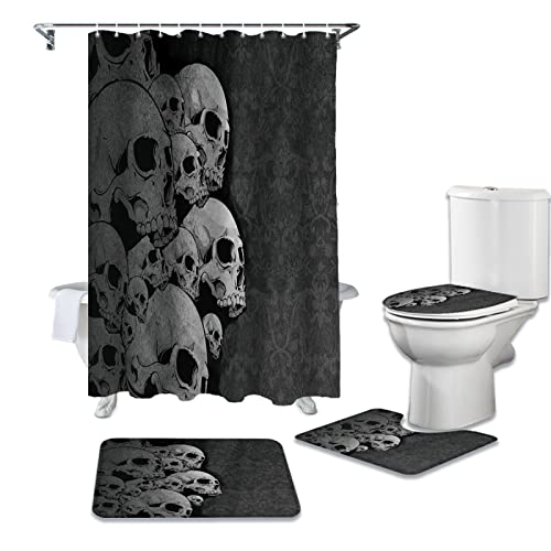 Duschvorhang 3D-Druck,Totenkopf Badezimmer Duschvorhang Badematte Duschteppich Teppiche Set Toilettendeckel Abdeckung Fußmatten Badezimmerzubehör von XLZZTMINGY