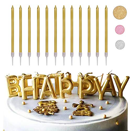 Geburtstagstorte Kerzen Set ， Packung mit 10 langen dünnen Kerzen und 1 Happy Birthday Alphabet Kerze ， Alles Gute zum Geburtstag Kerzen für Geburtstag Hochzeit Party Kuchen Dekoration (Golden) von XM-ZHHY