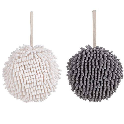 Handtücher - 2 Stück Weiches Chenille Hanging Coral Velvet Handtuch für Bad Küche, Mikrofaser schnell trocknend super saugfähig Handtuch Ball mit Hanging Loop (Weiß & Grau) von XM-ZHHY