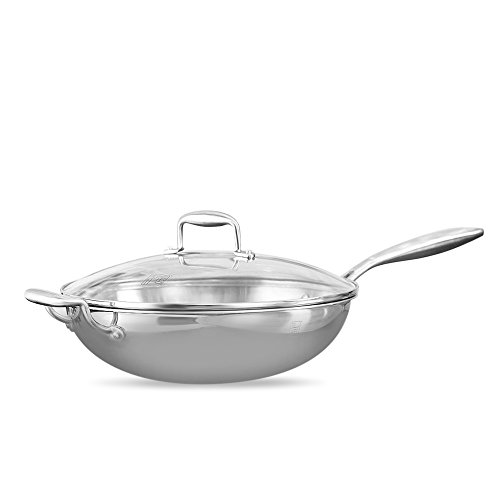 XMANSUN Elite Tri-Ply Wok,Edelstahl Wok mit Helper Griff und Glasdeckel Edelstahl Pfanne (32CM) von XMANSUN