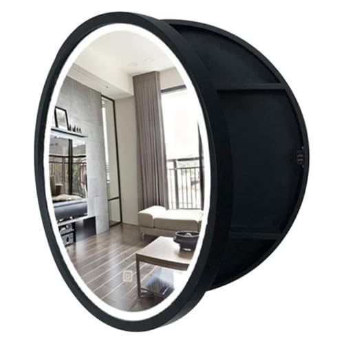 XMDEUR Runder Badezimmerspiegelschrank mit Beleuchtung, 50/60/70 cm Durchmesser, beleuchteter Badezimmerspiegelschrank, an der Wand montierter Spiegelschrank mit 3 Ebenen (Schwarz, 60 x 60 cm) von XMDEUR