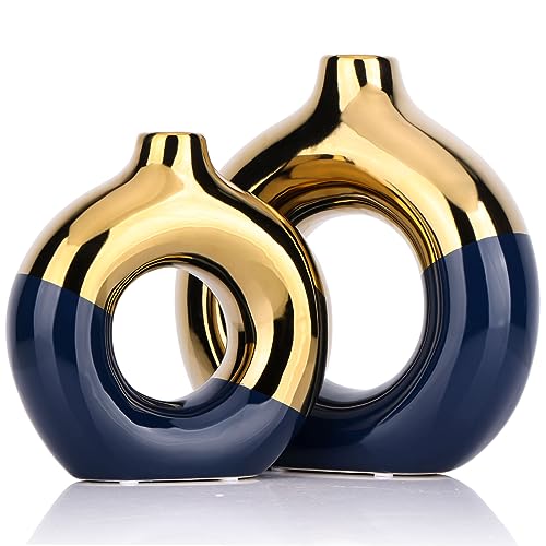 Blau und Gold Vase,Keramikvasen 2er-Set,Runde Vase für Tafelaufsätze Heimdekoration,Goldene Keramikvasen für Wohnzimmer-Dekor Heimdekor-Akzente von XMGZQ
