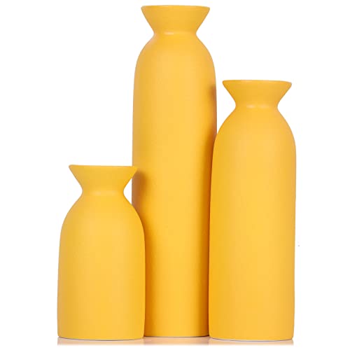 Gelbe Keramikvase, 3-teiliges Set, gelbe Vase, kleine rustikale Vase für Landhausdekoration, moderne Bauernhaus-Wohnzimmerdekoration, Tischdekoration, Bücherregal, Kamin und Eingangsdekoration von XMGZQ
