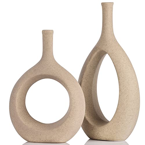 Beige Keramik Vase für Pampasgras,2PCS Beige Groß+Mittel,Modern Zimmer Deko Donut Vasen Matt,für Blumen Pampasgras Tabelle Bücherregal Kaminsims Wohnzimmer Schlafzimmer Büro Hochzeit Party Geschenk von XMGZQ