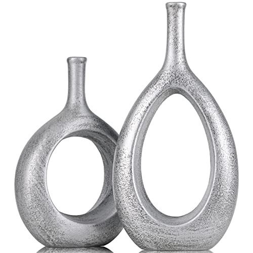 Silberne Keramikvase, 2er-Set, mattsilber, hohle Blumenvase für Dekoration, moderne dekorative silberne Vase für Blumendekoration, Tafelaufsätze, Bauernhaus, Kamin, Wohnzimmer, Schlafzimmer, Büro, von XMGZQ