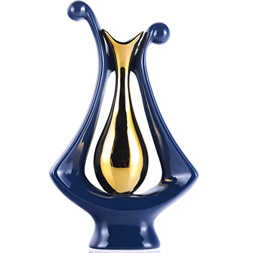 Marineblaue Keramikvase für Heimdekoration, moderne blau-goldene Vase, abstrakte Blumenvase, moderne marineblaue Dekoration, Heimdekoration für Küchentisch, Wohnzimmer, Beistelltisch, Kamin oder von XMGZQ