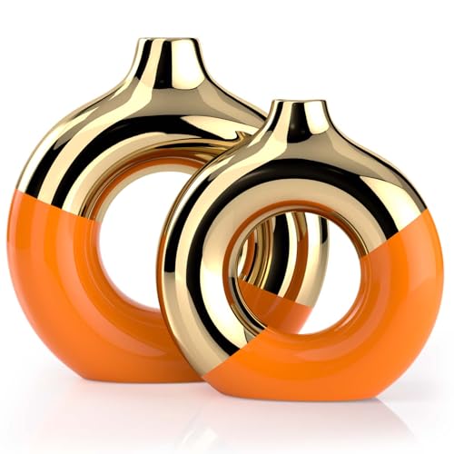 Orange und Gold Vase,Keramikvasen 2er-Set,Runde Vase für Tafelaufsätze Heimdekoration,Goldene Keramikvasen für Wohnzimmer-Dekor Heimdekor-Akzente Orange und Gold Vase,Keramikvasen 2er-Set,Runde Vase für Tafelaufsätze Heimdekoration,Goldene Keramikvasen für Wohnzimmer-Dekor Heimdekor-Akzente von XMGZQ