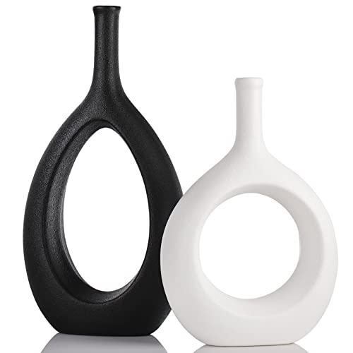 Schwarz Weiß Keramik Vase Satz von 2 für Moderne Home Decor,Runde Matte Vasen für Pampasgras, Neutral Boho Nordic Minimalismus Stil Blumenvasen,Zimmer Deko für Geschenk von XMGZQ