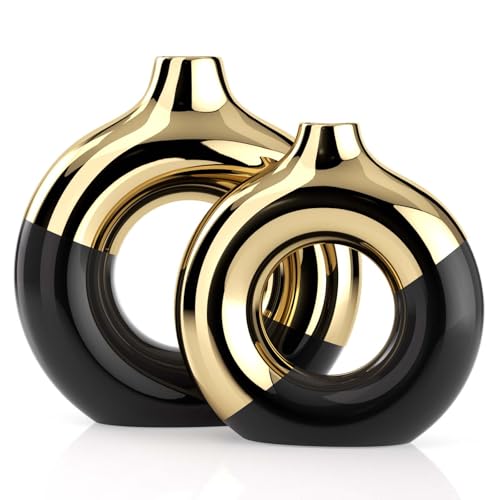 Schwarz und Gold Vase,Keramikvasen 2er-Set,Runde Vase für Tafelaufsätze Heimdekoration,Goldene Keramikvasen für Wohnzimmer-Dekor Heimdekor-Akzente von XMGZQ