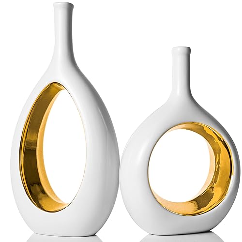 Set mit 2 weißen Keramik-Blumenvasen,Weißgold-Vase,Vase Gold,Hohle Ovale Vase für Heimdekoration,Vasen für Dekor-weiße Vase,Büro Dekoration,Moderne Geometrische Vasen,Ornament für Wohnzimmer Esstisch von XMGZQ