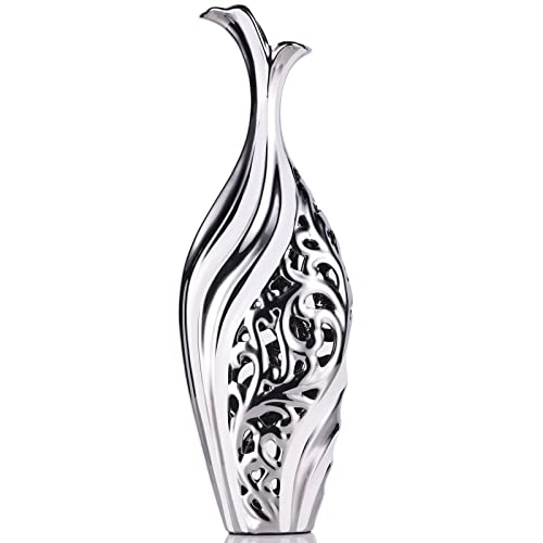 Silberfarbene weiße Bodenstehende Keramikvase,Große Blumenvase,Hohe Bodenstehende Dekorative Vase,Dekorative Vase Für Wohnzimmer,Kreatives Ausgehöhltes Modernes Große Vase,für Hochzeit Tischdekoration von XMGZQ