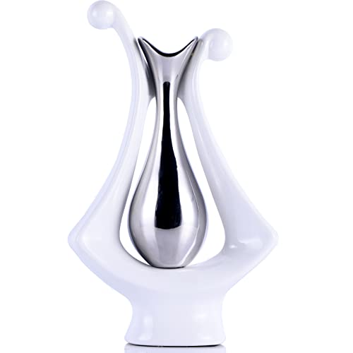 Weiß Silber Keramik Vase,Weiß Silber Moderne Getrocknete Blumenvase,Abstrakte Vase in Weiß und Silber,Pampasgras Blume Vase,für Tafelaufsatz Hochzeit Abendessen Tisch Party Wohnzimmer BüroSchlafzimmer von XMGZQ