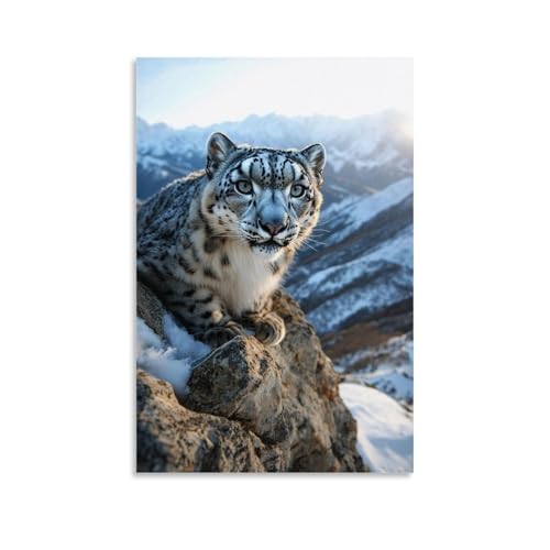 XMHMYHZJ Hyperrealistisches Porträt eines Schneeleoparden auf einer Himalaya-Klippe, frostbedeckte Schnurrhaare, die in der Mitternachtssonne leuchten. Wandkunst, Wandbild, moderne Dekoration von XMHMYHZJ
