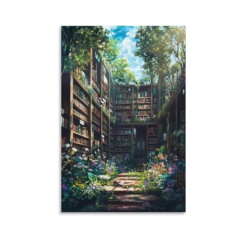 XMHMYHZJ Landschaftsposter, Anime, Mystery, alte Bibliothek, versteckt in einem magischen Wald, Wandkunst, Wandkunst, Wandbild, moderne Dekoration, hängendes Kunstposter, 40 x 60 cm von XMHMYHZJ