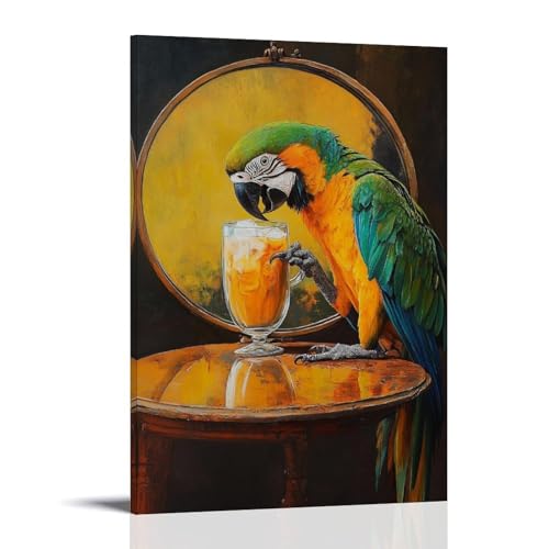 XMHMYHZJ Ölgemälde mit Tiermotiv eines Papageien, der Eiskaffee trinkt, während er mit seiner Reflexion in einem runden Spiegel klatscht, Wandkunst, Wandbild, moderne Dekoration, hängendes Kunstposter von XMHMYHZJ