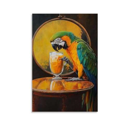 XMHMYHZJ Ölgemälde mit Tiermotiv eines Papageien, der Eiskaffee trinkt, während er mit seiner Reflexion in einem runden Spiegel klatscht, Wandkunst, Wandbild, moderne Dekoration, hängendes Kunstposter von XMHMYHZJ