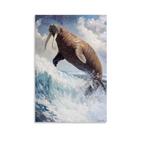 XMHMYHZJ Ölgemälde mit Tiermotiv eines Walrosses im Mittelsprung von einer arktischen Welle unter bewölktem weißem Hintergrund, Wandkunst, Wandkunst, Wandbild, moderne Dekoration, hängendes von XMHMYHZJ