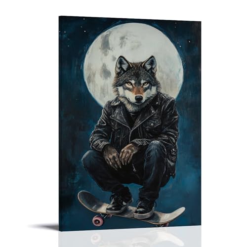 XMHMYHZJ Ölgemälde mit Tiermotiv eines Wolfs in Lederjacke, Skateboarding unter Vollmond auf einem schlichten dunkelblauen Hintergrund. Wandkunst, Wandbild, moderne Dekoration, hängendes Kunstposter von XMHMYHZJ