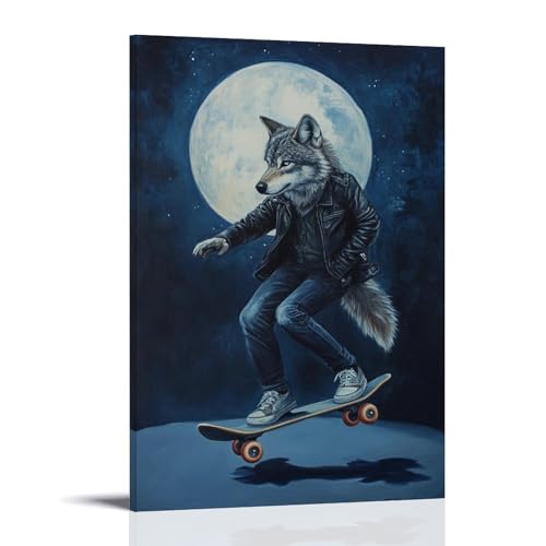 XMHMYHZJ Ölgemälde mit Tiermotiv eines Wolfs in einer Lederjacke, Skateboarding unter Vollmond auf einem schlichten dunkelblauen Hintergrund. Wandkunst, Wandbild, moderne Dekoration, hängendes von XMHMYHZJ
