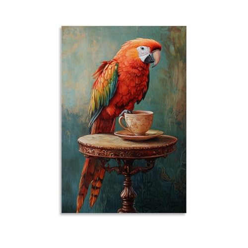XMHMYHZJ Ölgemälde mit Tiermotiven eines Papageien, der auf einem kleinen Tisch steht, Morgen-Espresso mit Federn trinkt, stolz flauscht. Wandkunst, Wandbild, moderne Dekoration, Kunstposter, 50 x 75 von XMHMYHZJ