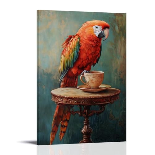 XMHMYHZJ Ölgemälde mit Tiermotiven eines Papageien, der auf einem kleinen Tisch steht, Morgen-Espresso mit Federn trinkt, stolz flauscht. Wandkunst, Wandbild, moderne Dekoration, hängendes Kunstposter von XMHMYHZJ