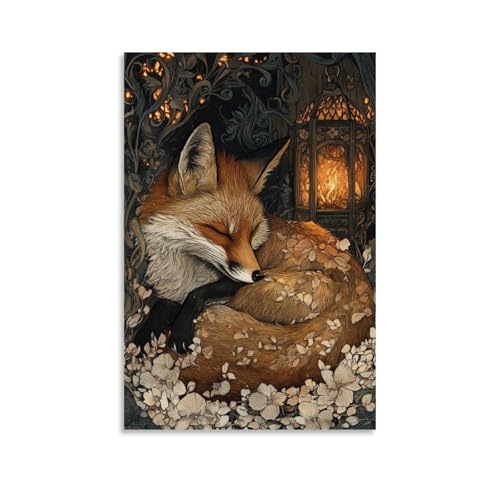 XMHMYHZJ The Fire Spirit Fox Curled in A Circle of Petals And Ash, Dreaming Beside An Ancient Lantern Wall Art Mural Modern Decoration Hanging Art Poster 50 x 75 cm von XMHMYHZJ