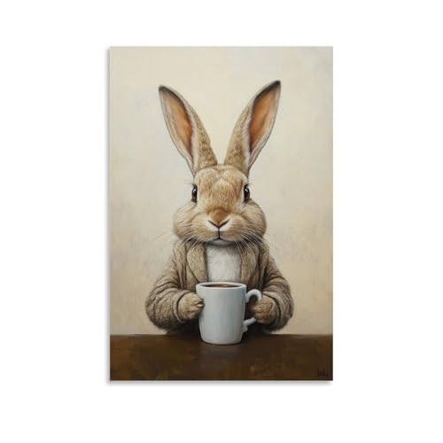 XMHMYHZJ Tier-Ölgemälde eines Kaninchens, das sich mit Kaffee und Cartoons zusammenrollt, gerahmt von einem butterweichen Hintergrund. Wandkunst, Wandbild, moderne Dekoration, hängendes Kunstposter von XMHMYHZJ