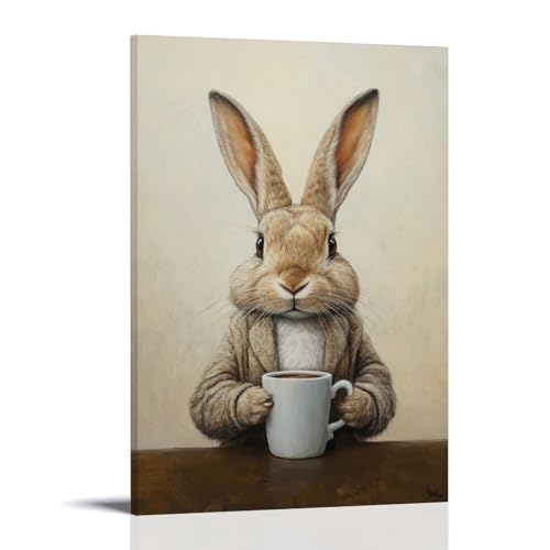 XMHMYHZJ Tier-Ölgemälde eines Kaninchens, das sich mit Kaffee und Cartoons zusammenrollt, gerahmt von einem butterweichen Hintergrund. Wandkunst, Wandbild, moderne Dekoration, hängendes Kunstposter von XMHMYHZJ