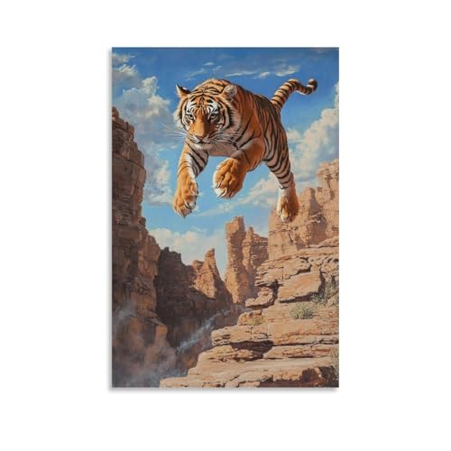 XMHMYHZJ Tier-Ölgemälde eines Tigerbasis, der in vergessene Canyon-Ruinen springt, stille Kraft verschmelzen in warmen Steinhimmel. Wandkunst, Wandbild, moderne Dekoration, hängendes Kunstposter, 50 x von XMHMYHZJ