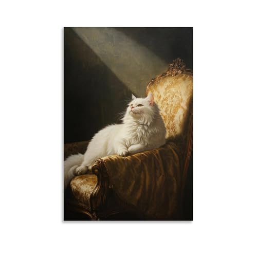 XMHMYHZJ Wandkunst, Motiv: Niederländische Goldene Zeitalter, Rendering einer weißen Perserkatze auf einem samtdrapierten Stuhl, Sonnenstrahlen, die ihr Fell stauben, moderne Dekoration, hängendes von XMHMYHZJ