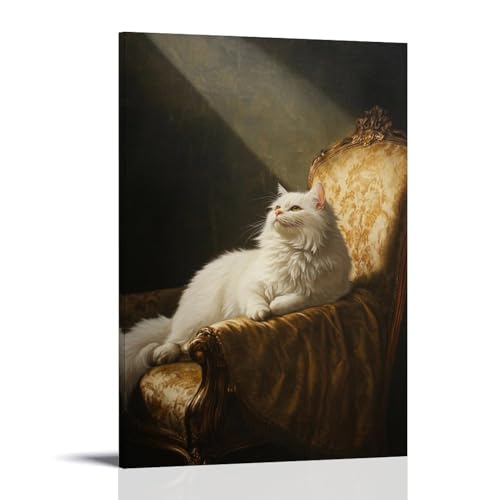XMHMYHZJ Wandkunst, Motiv: Niederländische Goldene Zeitalter, Rendering einer weißen Perserkatze auf einem samtdrapierten Stuhl, Sonnenstrahlen, die ihr Fell stauben, moderne Dekoration, hängendes von XMHMYHZJ