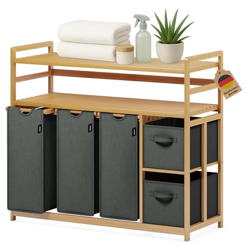 XMHome Bambus Wäschekorb 188L mit 2 Wäschesäcken & 2 Aufbewahrungsboxen,5-Fach Wäschesortierer mit Doppelablage Regal,Wäschesammler für Bad, Schlafzimmer & Waschküche,Laundry Basket Dunkelgrau von XMHome