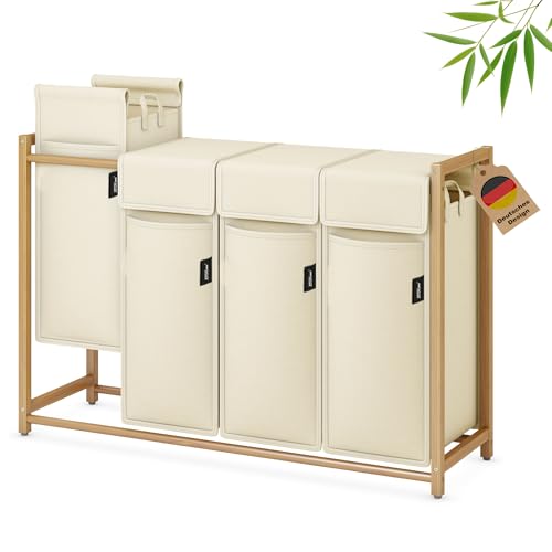 XMHome Wäschekorb 198L mit 4x49L Fächern Bambus Wäschesammler mit Deckel,Wäschesortierer mit herausnehmbaren Taschen, rechteckige Wäschebox für Schlafzimmer, Bad & Waschküche Beige von XMHome
