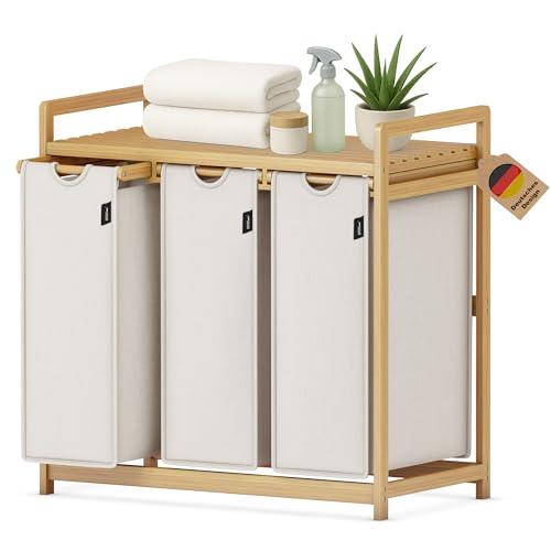 XMHome Wäschekorb 3 Fächer148L großer quadratischer Wäschesammler aus Bambus Wäschebox optisch ansprechender Wäschesortierer in 77.5X41.3X77.5 CM Grau von XMHome