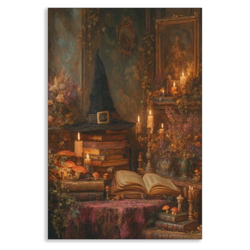 XMJJQQ Hexen-Halloween-Wandkunst, mystisches Zauberbuch und Stimmungsposter bei Kerzenschein, dunkle Akademie, Hexenstudium, Bücher, Malerei, Gothic, Halloween-Wanddekoration für Bibliothek, Leseecke XMJJQQ Hexen-Halloween-Wandkunst, mystisches Zauberbuch und Stimmungsposter bei Kerzenschein, dunkle Akademie, Hexenstudium, Bücher, Malerei, Gothic, Halloween-Wanddekoration für Bibliothek, Leseecke von XMJJQQ