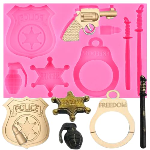 XMOLDNMS Polizei Silikonform Handschellen Pistole Bullet Granate Badge Fondant Formen für Kuchen Dekoration Cupcake Topper Süßigkeiten Schokolade Gummipaste Polymer Clay von xmoldnms