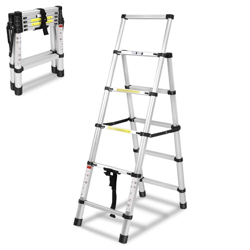 XMTECH 1.4m+1.7m Aluminium Teleskopleiter Klappleiter A-Rahmen 5 + 6 Stufen, Rutschfester Aluleiter Mehrzweckleiter Ausziehbare Leiter, 150 kg Tragfähigkeit-Silber von XMTECH