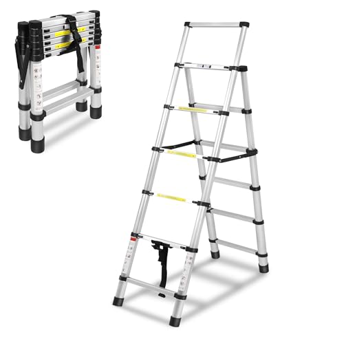 XMTECH 1.7m+2m Aluminium Teleskopleiter Klappleiter A-Rahmen 6 + 7 Stufen, Rutschfester Aluleiter Mehrzweckleiter Ausziehbare Leiter, 150 kg Tragfähigkeit-Silber von XMTECH