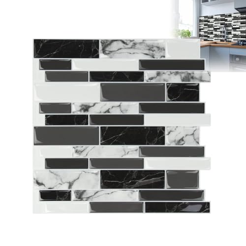 XMTECH 10 Stück 3D Fliesenaufkleber 30 * 30 cm,Badezimmer Fliesenfolie Marmor-Schwarz Fliesensticker für Bad Küche, Selbstklebend Wandfliesen Dekor, PVC Metro Fliesen Selbstklebend Fliesendekor von XMTECH