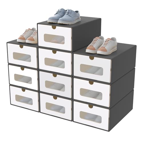 XMTECH 10 Stück Schuhaufbewahrung mit Sichtfenster Aufbewahrungsbox Schuhboxen Sneakerbox Storage Box Schuhkarton Schuhschachtel Schublade Pappe aus Kraftpapier, Anthrazit-Weiß von XMTECH
