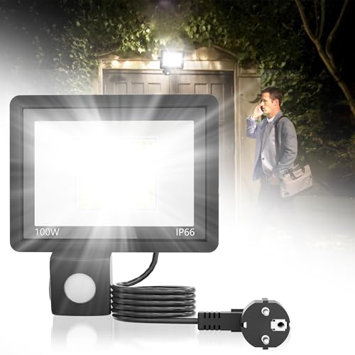 XMTECH 100W LED Strahler mit Bewegungsmelder Außen Außenstrahler, Fluter Flutlicht Scheinwerfer mit Lichtsensor Stecker für Garten Garage Kaltweiß von XMTECH
