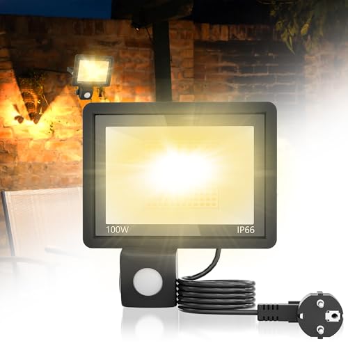 XMTECH 100W LED Strahler mit Bewegungsmelder Außen Außenstrahler, Fluter Flutlicht Scheinwerfer mit Lichtsensor Stecker für Garten Garage Warmweiß von XMTECH