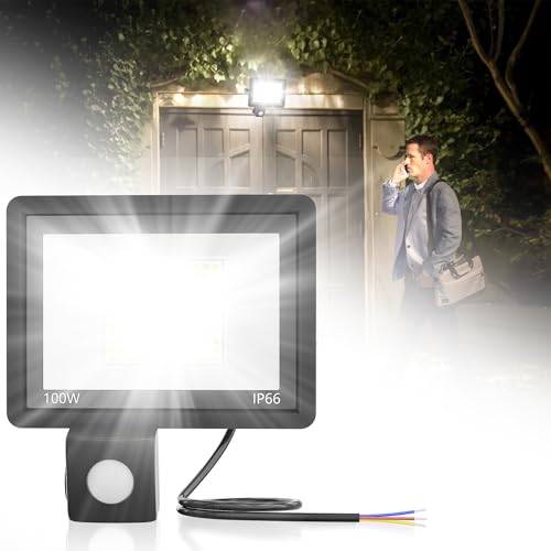 XMTECH 100W LED Strahler mit Bewegungsmelder Außen Außenstrahler, Fluter Flutlicht Scheinwerfer mit Lichtsensor für Garten Garage Kaltweiß von XMTECH