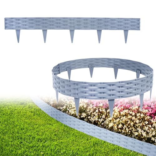 XMTECH 10m Rasenkante Beeteinfassung Gartenpalisade in Rattan-Optik, Beetumrandung Mähkante Randsteine aus Kunststoff mit 55 Elemente á 100 cm, Grau von XMTECH