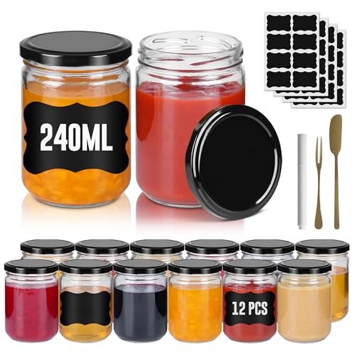 XMTECH 12x Sturzgläser 240ml Einmachgläser Marmeladengläser mit Deckel - Mit Etiketten & Stift - Luftdicht, Einkochgläser - Schwarz von XMTECH