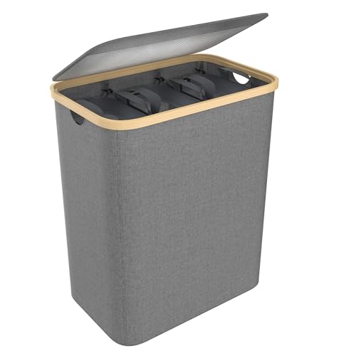 XMTECH 140L Schmutziger Wäschetruhe Wäschekorb mit Deckel, Holz Handgriff, 3 Sortierfächer & Waschbarem Faltbar Wäschesack für Badezimmer, Schlafzimmer, Kinderzimmer oder Wohnzimmer, Grau von XMTECH