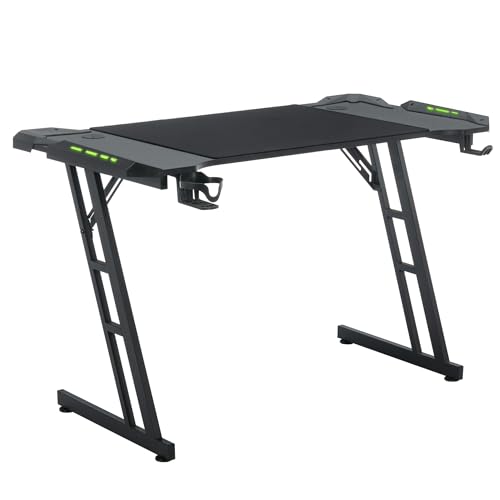 XMTECH 160 x 60cm Gaming Tisch, Z-Frame Gaming Schreibtisch mit RGB LED, Computertisch mit Kohlefaseroberfläche, Ergonomischer PC Tisch mit Kopfhörerhaken und Getränkehalter, Schwarz von XMTECH