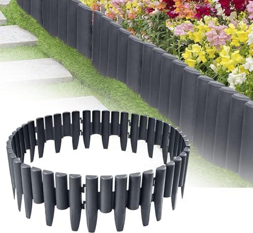 XMTECH 2,8m Rasenkante Beetumrandung Mähkante Randsteine aus Kunststoff, Palisaden in Holz Optik, Beeteinfassung Gartenzaun,Anthrazit,1 Element (L x H): 28 x 24cm - 10 Stück von XMTECH